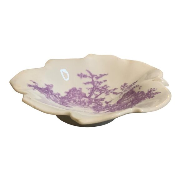 Vtg Limoges France Porcelain Pastoral Scenes Lavendar Leaf Shaped Trinket Dish - Picture 6 of 9